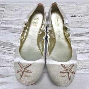 Coach 9.5 Beige and Gold Flats with Starfish Beach